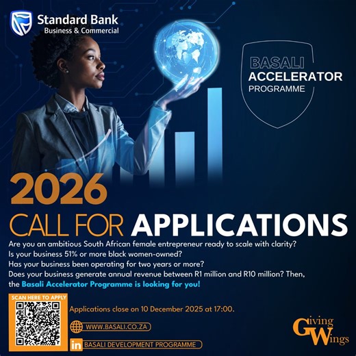*Basali, the 2026 application is open for the Basali Accelerator Programme!* *Please share it with your network.* This is a chance to: * Gain access to expert-lead workshops and resources * Connect with a powerful network of women entrepreneurs * Accelerate business growth and impact *Deadline to apply: Wednesday, 10 December 2025 at 17:00* Apply now: https://online.forms.app/givingwings/basali2026 #wearehiringnow #jobsearch #jobopportunity | Makhoba Thandiwe