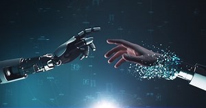 Robotic hand touching and turning crop cyborg into businessman against digital graphs and data