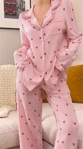 Women's Sleepwear Set, Cherry Print Ruffle Long Sleeve Pajamas, Open Front Collar Comfortable Nightwear, Soft Button-Up Top & Elastic Waist Pants