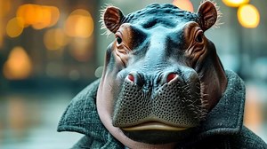 Download A hippo wearing a suit and tie in the middle of the street for free