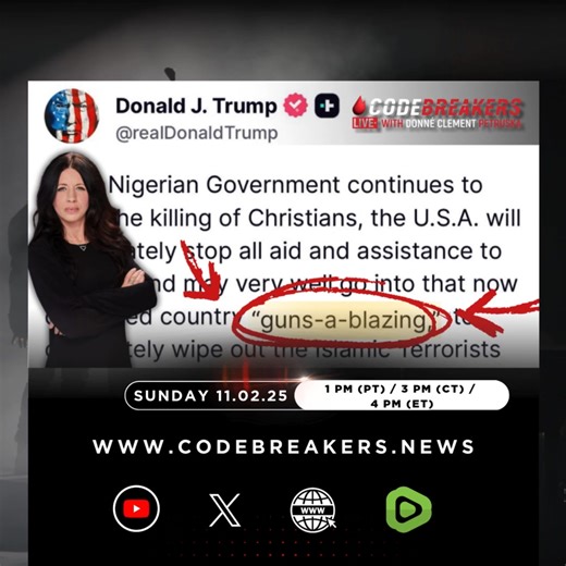 🔥 Join us LIVE today on CodeBreakers! Donné Clement Petruska takes a deep look at what’s happening in Nigeria, where Christians are being persecuted — and shares Kim Clement’s prophecies that spoke of this very time. 📅 LIVE Today | 1 PM PT | 3 PM CT | 4 PM ET 👉 Click the link to watch CodeBreakers LIVE! 🔗 https://buff.ly/bmWwcSH #CodeBreakersLive #KimClement #Trump #Nigeria #Prophecy #Faith #GunsABlazin #PersecutedChurch | Donné Clement Petruska