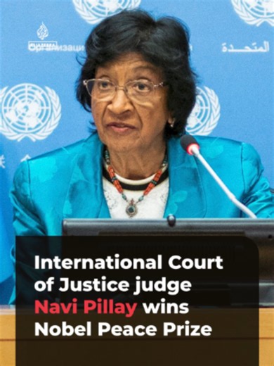 International Court of Justice judge Navi Pillay has been awarded this year’s Nobel Peace Prize. A former head of the UN’s inquiry into the occupied Palestinian territories, the Nobel committee called her ‘one of the great defenders of international legal principles’.
