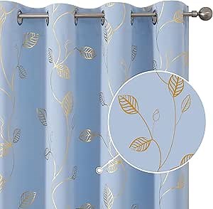 BUHUA Heat Blocking Curtains, Black Out Curtains 84 Inch Long 2 Panels Burg, Soundproof Curtains with Gold Leaf Printed (52 x 84 Inch, Baby Blue, Set of 2 Panels)