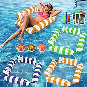 3 Pack Inflatable Pool Float Hammock, Water Lounges, Multi-Purpose 4-in-1 Swimming Pool Accessories Saddle, Lounge Chair, Hammock, Drifter, Lake, Outdoor,Beach