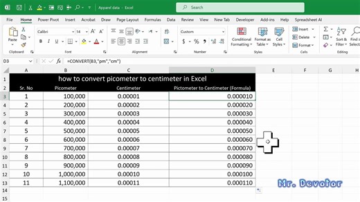 how to convert picometer to centimeter in Excel