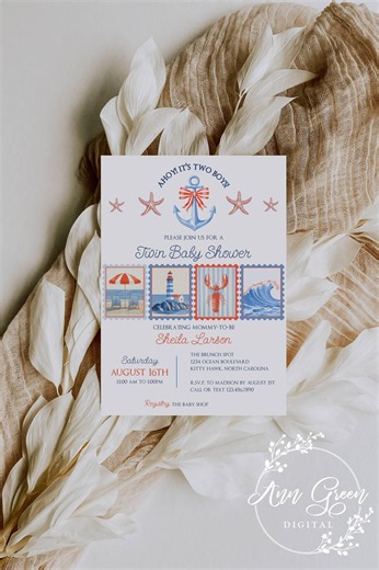 Nautical Twin Boys Baby Shower Invitation: Anchor, Lighthouse (digital Download) - Etsy