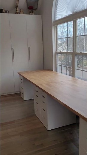 Office solution with IKEA PAX cabinets, ALEX desks with KARLBY oak veneer, butcher block, off-white