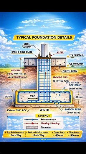 Foundation Details - Steel Column anchored to base & sole plate. - Cleat connection provided for stability. - Finished Floor Level (FFL): 0.600 m above Ground Level (GL: 0.00 m). - Plinth Beam ties the foundation at GL. - Pedestal bars with ties: T8 @ 150 mm c/c. - Top reinforcement (both ways) for slab strength. - Bottom reinforcement (both ways) for load distribution. - Development length: 24D maintained for reinforcement. - PCC layer: 100 mm thick below footing. - Foundation depth: 1500 mm up
