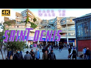 [4K] Saint Denis Paris banlieu walk tour: Stade de France, basilique, brutalist architecture