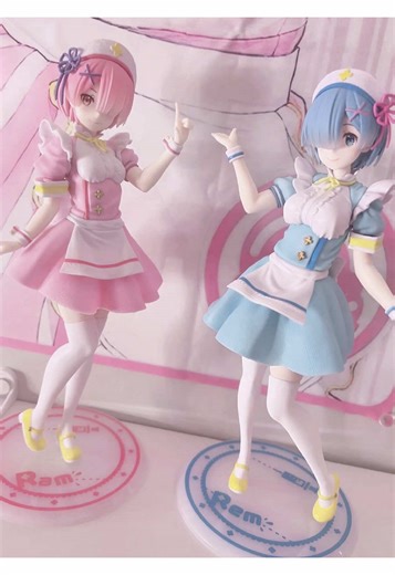I didn’t ever actually plan on getting rem and ram figures but here we are now I have 2 of each it’s kinda glitching out before I’m posting this so I’m praying it looks normal Funny enough these two figures are what made me want my collection to be mostly pastels they’re just so cute I have a feeling they’ll look even cuter in an all pastel shelf 🍥 #figure #animefigure #cutecore🎀🦴🍮🐾 #figurecollection #rezero
