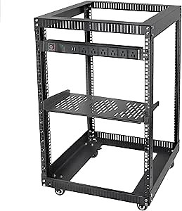 RIVECO 15U 19 Inch Open Frame Server Rack with Wheels Including 1U Rack Shelf & Power Strip Universal for 19" Network Equipment Black