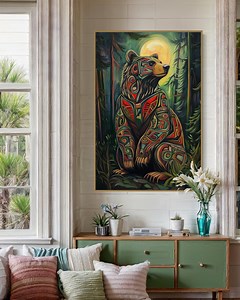 Tribal Bear Canvas – Pacific Northwest Wildlife Art, Haida Animal Print for Rustic Lodge Decor for Bedroom, Living Room - Etsy