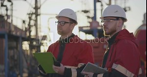 Oil field engineer gives instructions with walkie-talkie while second engineer examining working papers