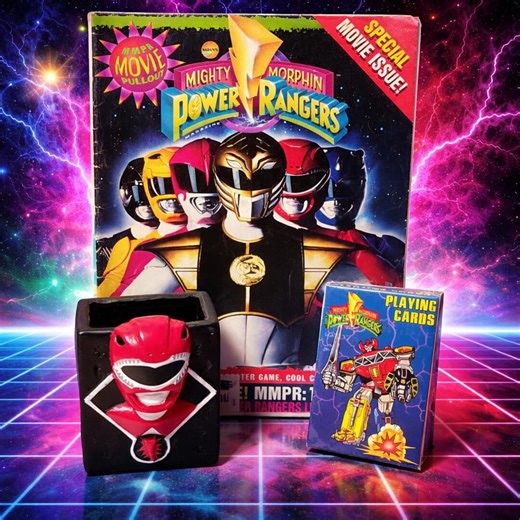 Vintage Set of 3 Mighty Morphin Power Rangers Magazines, Collectible Juice Box Holder & Playing Cards