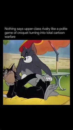 Explaining Cartoons on Instagram: "The Mouse Comes to Dinner (1945), where Tom finds himself competing with another cat—Butch—while trying to impress Toodles Galore. Early in the cartoon, Tom and Butch square off in a refined game of croquet that instantly becomes a battle of ego, cheating, and escalating slapstick. What starts as gentlemanly sport quickly turns into bruises, broken rules, and pure cartoon hostility. The croquet scene works because it contrasts elegance with violence, a classic