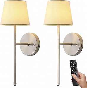 Wall Sconces Battery Operated Set of Two, Small Rechargeable Wall Lights with Remote, 5200mAh Fabric Shade Cordless Wall Lamp for Bedroom, Hallway, Living Room, Dining Room, Picture (Silver)