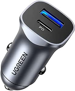 UGREEN USB C Car Charger, PD 20W & QC18W Fast Charger, Dual Port Mini, Compatible with iPhone 12-16, Galaxy S20-24, Pixel, LG & More