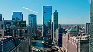 Chicago, USA - October 21, 2024: Cityscape with skyscraper building. Downtown architecture river view. Chicago River in City. Chicago city downtown. Skyscraper architecture. Chicago city cityscape