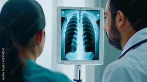 A medical professional examines a detailed chest X-ray displayed on a digital screen in a modern hospital, focused on serious assessment of the patient's condition.