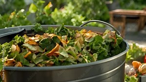 Photo of composting kitchen scraps promoting benefits of reducing landfill waste and recycling organic materials. Concept Sustainable Living, Composting, Reduce Landfill Waste, Recycling Stock Video