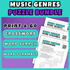 Music Genres Vocabulary Activities Bundle Crossword Word Search Worksheets