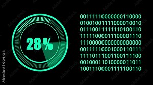 Green 2D digital HUD graphic progress display and binary code on black screen - futuristic technology background concept Stock Video