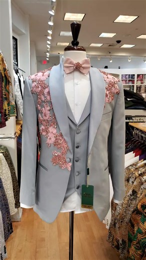 Grey/Silver suit with a hand-stitched custom coral pink design. Prom | CHIC MEN | Designed and tailored by Chic Men #mensuit #customsuit #chicmen #promsuit #styleinspo
