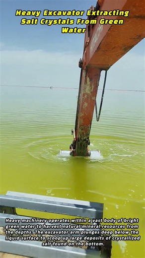 Heavy Excavator Extracting Salt Crystals From Green Water