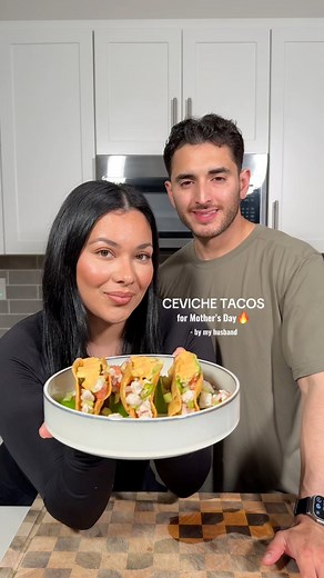 Have you ever heard of Ceviche Tacos?🤤 cause me either lol I asked for ceviche and hubby invented a whole new meal🥹🔥 Y’all need to try this recipe! #happymothersday 🫶🏼• 2 lbs shrimp @northgatemarket • 3 cucumbers • 4 tomatoes • 1/2 red onion • 2 celery sticks • 3 serrano peppers• salt pepper• 10 juiced limes• 2 tbsp worcestershire sauce @leaandperrins - Mix & in the fridge for 30 min• chipotle sauce: 6 tbsp mayo @chosenfoods 1/2 cup sour cream @daisybrand 4 chipotle peppers in adobo sauce @