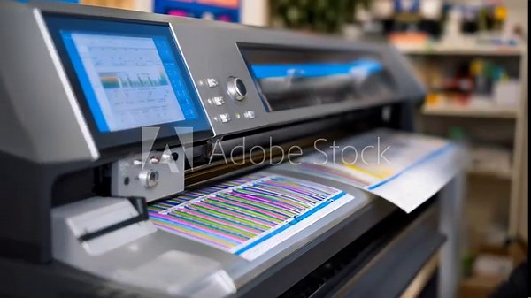 Specialist performs routine printhead calibration on a modern inkjet printer using software interface and manual adjustments for precise color layer stacking.