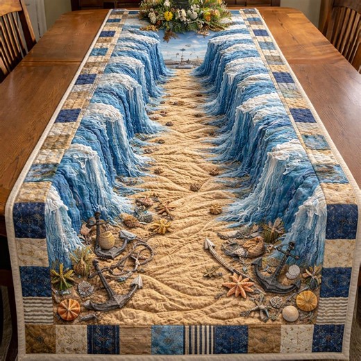 Nautical Ocean Table Runner Beach Coastal Decor, Anchor Sea Shell Table Runner, Ocean Wave Dining Decor, Beach House Kitchen Runner - Etsy