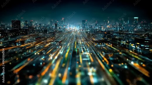 Abstract city night lights with motion blur effect, representing fast data transfer and modern urban life.