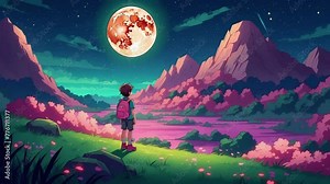 Little Boy looking at the Night sky in the moon and meteor shower,robarosia flower garden,,seamless 4K Lofi looping animation