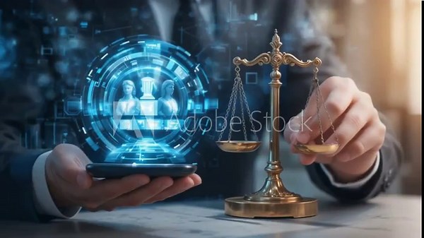 Lawyer Holding Digital Scales of Justice Symbolizing Legal Rights and Fairness. 4k video