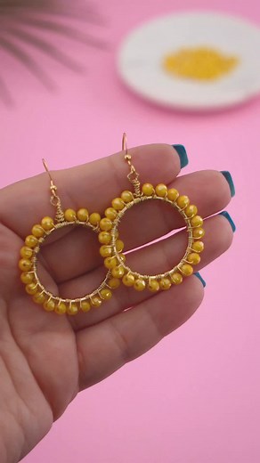 Yellow Crystal & Gold Wire Wrapped Beaded Hoop Earrings. #handmade #barbie #jewelrydesign #fyp #earrings #earring #beadedjewelry #beads #beadsjewelry #jewelry #jewellery #foryou #viral #pink #yellow #summervibes #diy