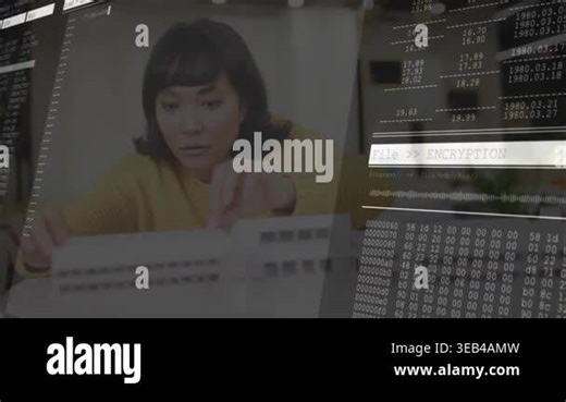 Working on computer, woman viewing encryption data and animation coding overlay. Technology, cybersecurity, programming, software, data encryption, digital Stock Video Footage - Alamy