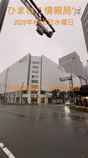 【ひまねこ情報局🐈】午前6時30分の天神交差点の様子です。今日は雨となっています。福岡県福岡市中央区パルコ前交差点2026年4月15日水曜日。 #fukuoka