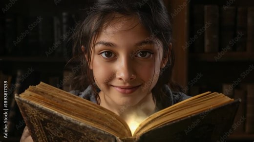 Reacting to golden glow from ornate book at library, preteen girl holding it and watching sparkles