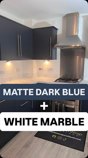 MATTE DARK BLUE WHITE MARBLE KITCHEN VINYL WRAP 🔵⚪️ Back with blue. This colour is seriously popular and is 100% our most popular of 2025 😎 We completed this kitchen in just 3 days for our client and she absolutely LOVES it 🤩 This kitchen was in near perfect condition, she just wanted a colour change… Why replace and take on the hassle? Just get it wrapped and avoid it all (and save thousands in the process)😁 Follow for more kitchen wrap transformations 🔥 Contact us for your kitchen to be t