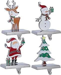 Set of 4 Christmas Stocking Hangers for Mantel，Christmas Tree Reindeer Santa Snowman Stocking Holders for Fireplace-Stocking Hangers for Mantel Xmas Tree Mantel Hooks Hanger (Multi-color 4-Pack)