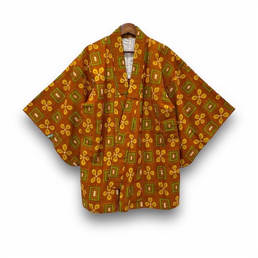 Japanese Hanten-style Jacket With a Brown and Green Flower Pattern Jacket Boro Style Robe Dress Traditional Size M - Etsy