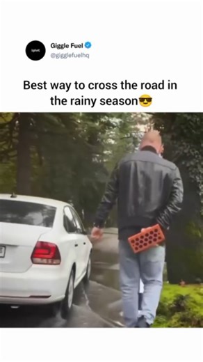 Giggle Fuel on Instagram: "In this video, a man is seen walking carefully on a narrow concrete curb to avoid stepping into a large puddle of water on a street. As he walks, a white car approaches from behind him. To ensure the car doesn't splash water on him as it passes through the puddle, the man reveals a red brick he was hiding behind his back. He holds the brick in a way that suggests he might throw it if the driver splashes him. Seeing the brick, the driver slows down significantly and cra