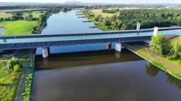 Aerial drone view Magdeburg Water Bridge the longest shipping bridge...