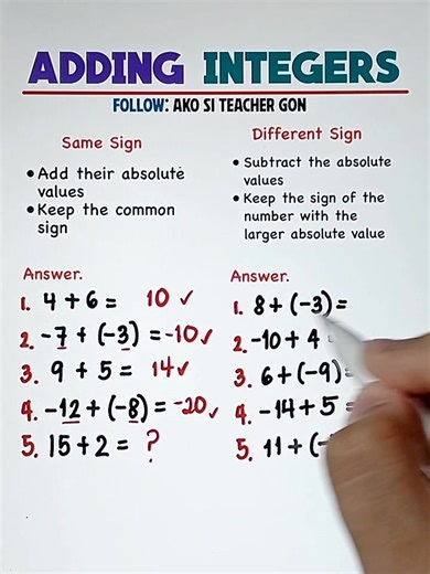 Adding Integers‼️ #basicmath #mathematics #teachergon #math #integers #AddingIntegers | Ako si Teacher Gon