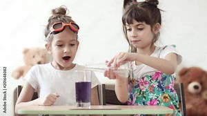 children's science. children conduct a chemical experiment at home. mixing of iodine and hydrogen peroxide