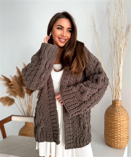 Cable Aran Knit Cardigan With Wide Sleeves, Women Outfit for Everyday Wear, Handmade Brown Oversized Open Front Sweater - Etsy