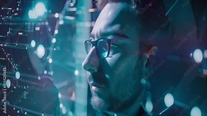 Blockchain security specialist wearing glasses, focused on computer screen, A blockchain security specialist securing a decentralized network