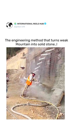 🌏INTERNATIONAL REELS HUB on Instagram: "This technique is known as slope reinforcement with artificial rock layering. Instead of cutting into unstable mountainsides, engineers apply high-pressure concrete over steel mesh anchored deep into the slope. The concrete is sprayed in controlled layers, mimicking the thickness, texture, and load behavior of natural rock strata. Each layer bonds to the next, creating a composite structure that works like real stone but with far higher shear strength and