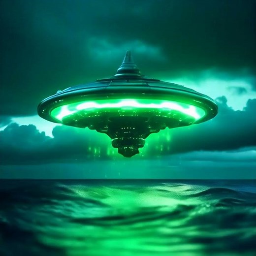 Alien spaceship hovering over stormy ocean, emitting green light #ai #appypie #video