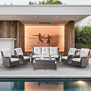 Amazon.com: Belord Wicker Patio Furniture Sets - 8 Piece Outdoor Rattan Furniture Conversation Sets with 4 Swivel Rocker Chairs, Rattan Sofa, Wicker Ottomans and Coffee Table, Brown/Beige : Patio, Lawn & Garden